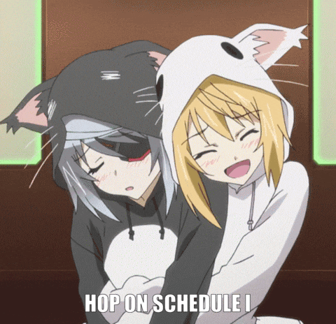 two anime girls hugging with the words hop on schedule i on the bottom