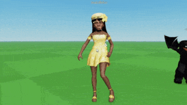 a girl in a yellow dress is standing in a field with the name sea prince on the bottom right