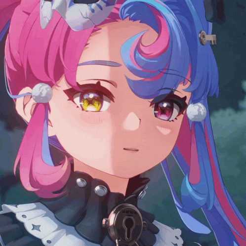 a close up of a girl 's face with a key in her hair