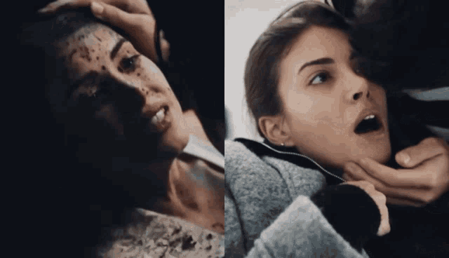 a woman with a tattoo on her face is being held by another woman