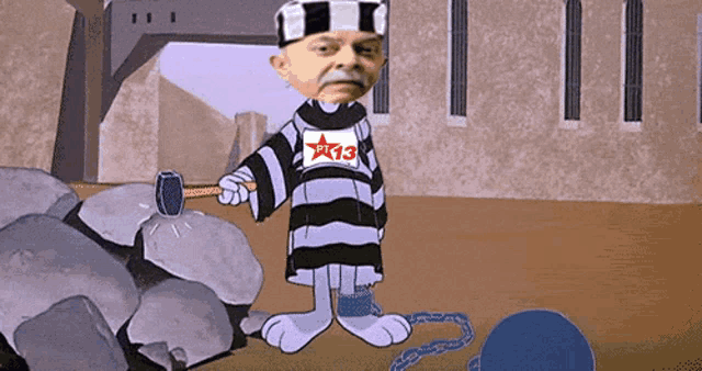 a cartoon of a man in a prison uniform with a red star on his shirt