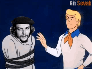 a cartoon of scooby doo talking to a man tied up