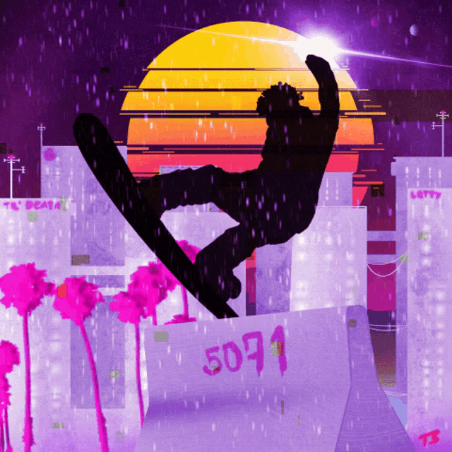 a snowboarder is doing a trick on a ramp with the number 5071 written on it