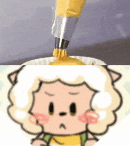 a cartoon drawing of a sheep with a yellow bag of frosting coming out of it