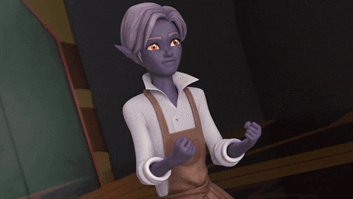 a cartoon character with purple eyes and overalls