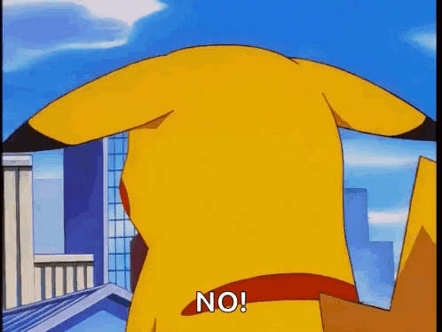 a cartoon pikachu is standing in front of a city skyline and says no .