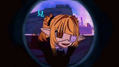 a cartoon drawing of a girl with yellow hair and a purple eye patch