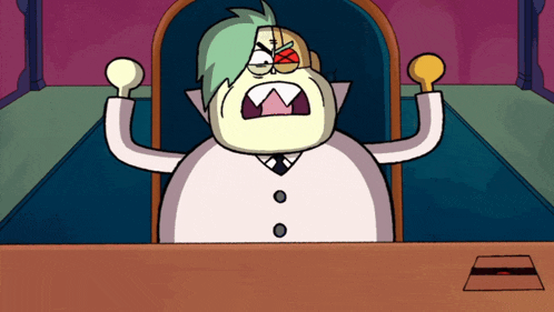a cartoon character is sitting at a table with his arms up