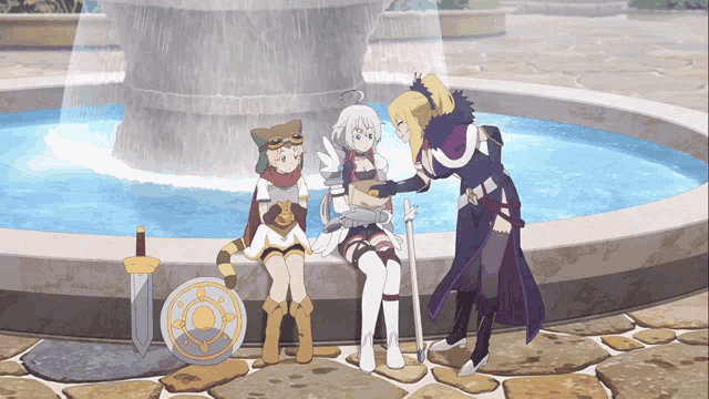 a group of anime characters standing around a fountain