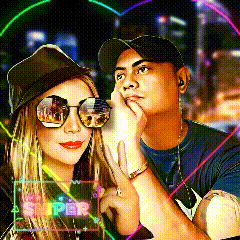 a man and a woman are standing next to each other in front of a neon sign that reads super