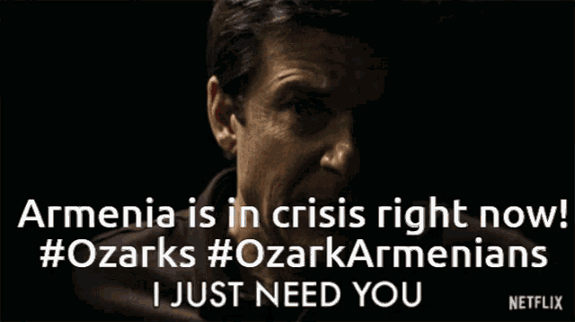 an advertisement for netflix shows a man in a dark room and says ' armenia is in crisis right now '