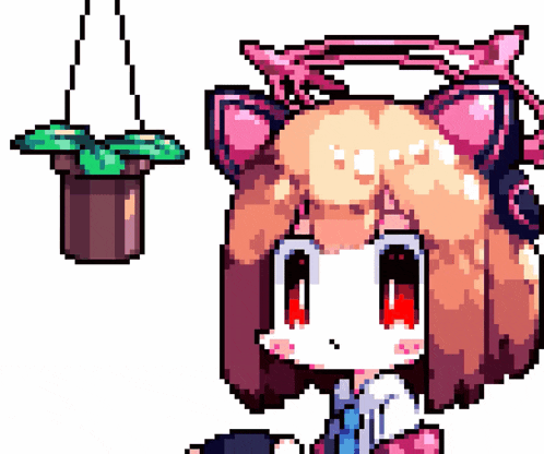 a pixel art drawing of a girl with a flower pot