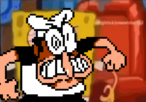 a pixel art drawing of a cartoon character with a bunny mask on