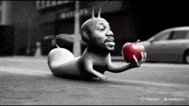 a cartoon worm is holding a red apple in its hand