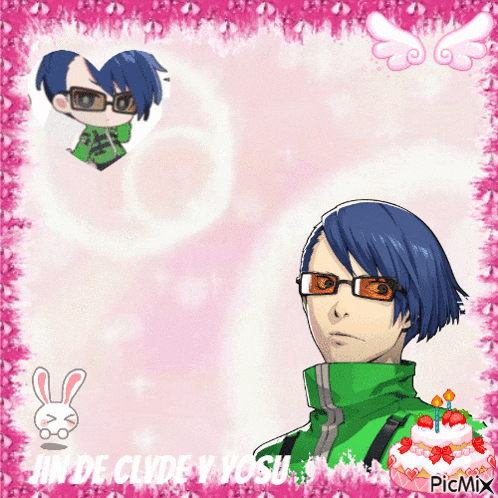 a picture of a boy with blue hair and glasses with the name jin de clyde y ysu