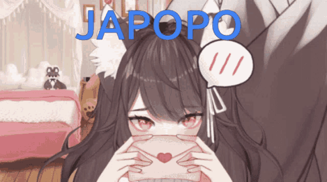 a girl is holding an envelope in front of her face and the word japopo is above her head