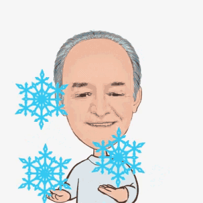 a cartoon of a man holding two blue snowflakes