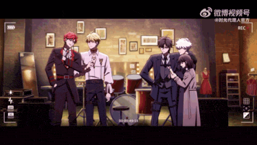a group of anime characters standing in front of a drum set with a recorder recording them
