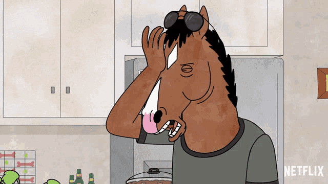 a cartoon of a horse wearing sunglasses with a netflix logo on the bottom
