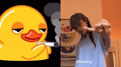 a cartoon duck smoking a cigarette next to a person smoking a cigarette