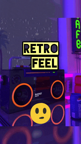 a poster that says retro feel with a boombox in the foreground