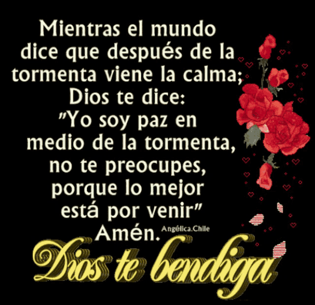 a black background with red roses and the words mientras el mundo dice que después de la tormenta viene la calma dios te dice
