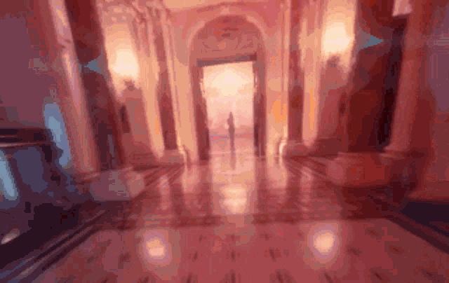 a blurred image of a hallway with columns and a doorway