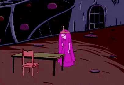 princess bubblegum is sitting at a table with a chair