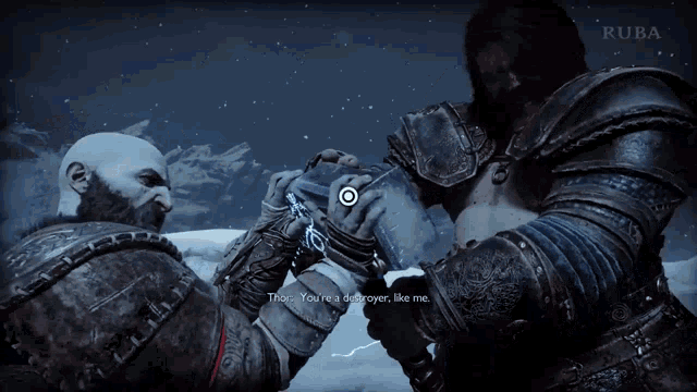 a video game screen shows two warriors and the words thor you 're a destroyer
