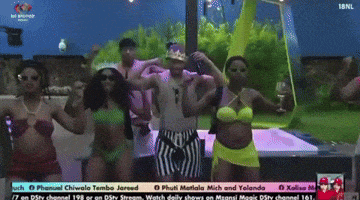 a group of people are dancing in front of a tv screen that says ibnl on it