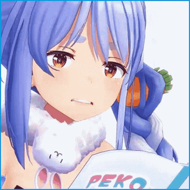 a close up of a 3d anime girl with blue hair holding a book and a stuffed animal .