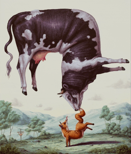 a painting of a cow and a fox in a field with trees in the background