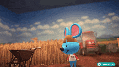 a video game character is standing in a field with a wheelbarrow and a take photo button