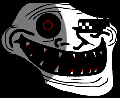 a black and white drawing of a troll with a huge smile