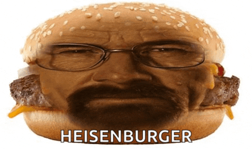 a hamburger with a man 's face and the words heisenburger on it