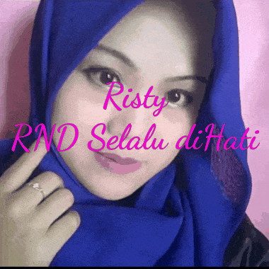 a woman wearing a blue scarf with the words risty rnd selalu di hati on the bottom