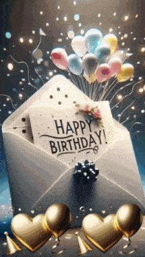 a happy birthday card is coming out of an envelope with balloons