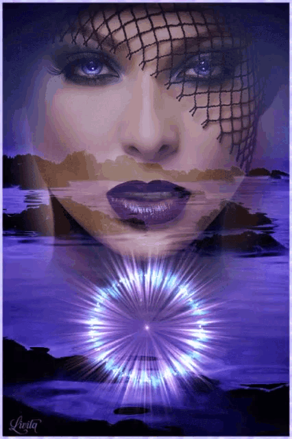 a painting of a woman 's face with purple lips and a purple light behind her
