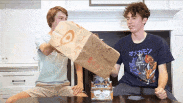 two boys are playing a game with a target bag