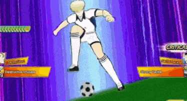 a cartoon of a soccer player kicking a soccer ball on a hill .