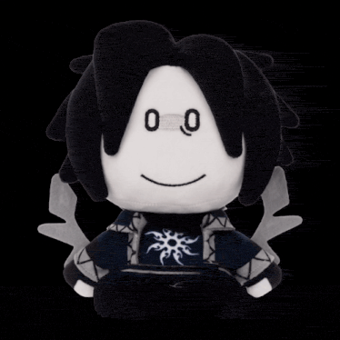 a black and white stuffed animal with a face that says ' 00 ' on it