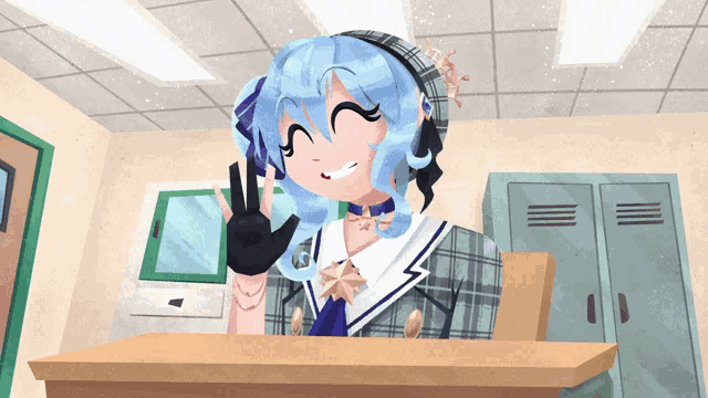 a girl with blue hair is sitting at a desk