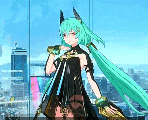 a girl with long green hair is standing in front of a window with the word voice on the bottom