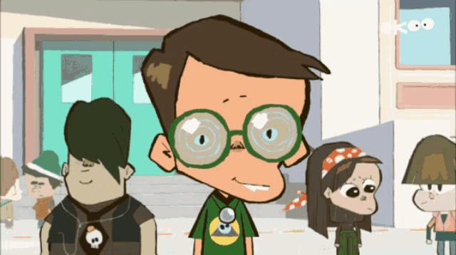 a cartoon of a boy wearing glasses and a green shirt with skulls on it
