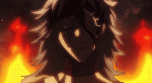a close up of a person 's face with a fire background