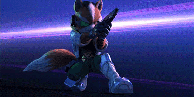 a fox is holding a gun in his right hand