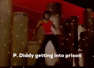 a man in a red shirt is dancing in a room with the words p. diddy getting into prison