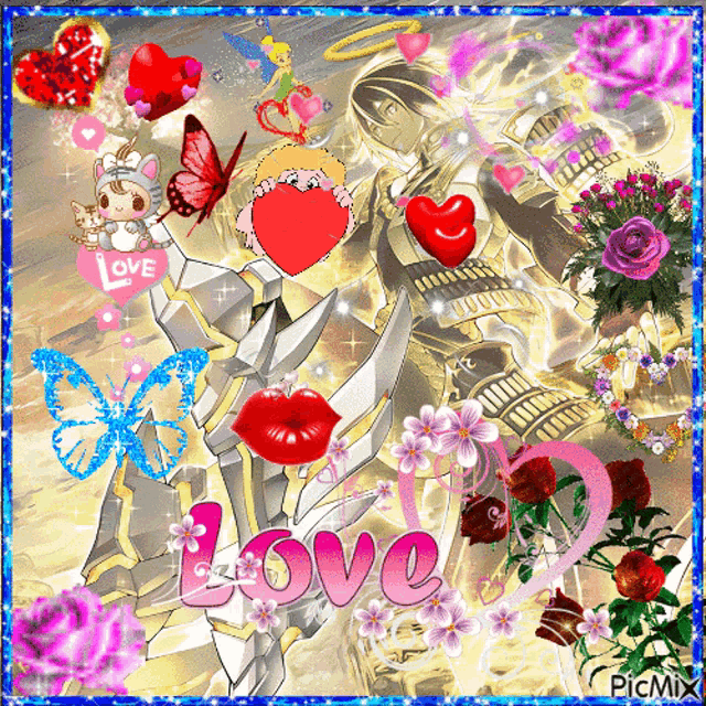 a picture of a knight surrounded by flowers and butterflies with the word love on the bottom