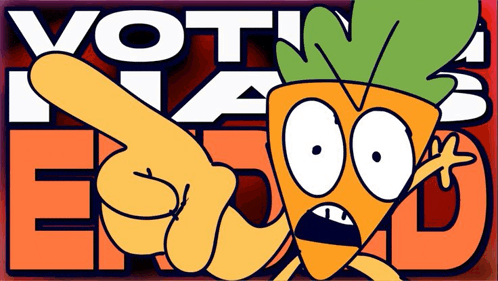 a cartoon of a carrot with a green leaf on his head points at the word vote