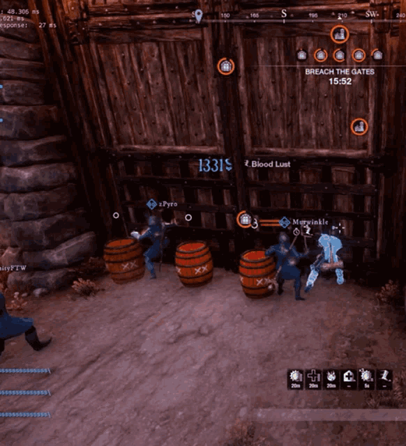 a screenshot of a video game shows a person named pyro standing next to barrels